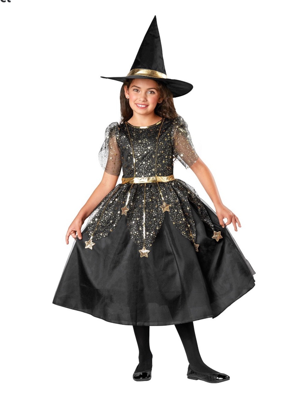 Girls TWILIGHT WITCH Black & Gold Starry Witch Costume with Hat